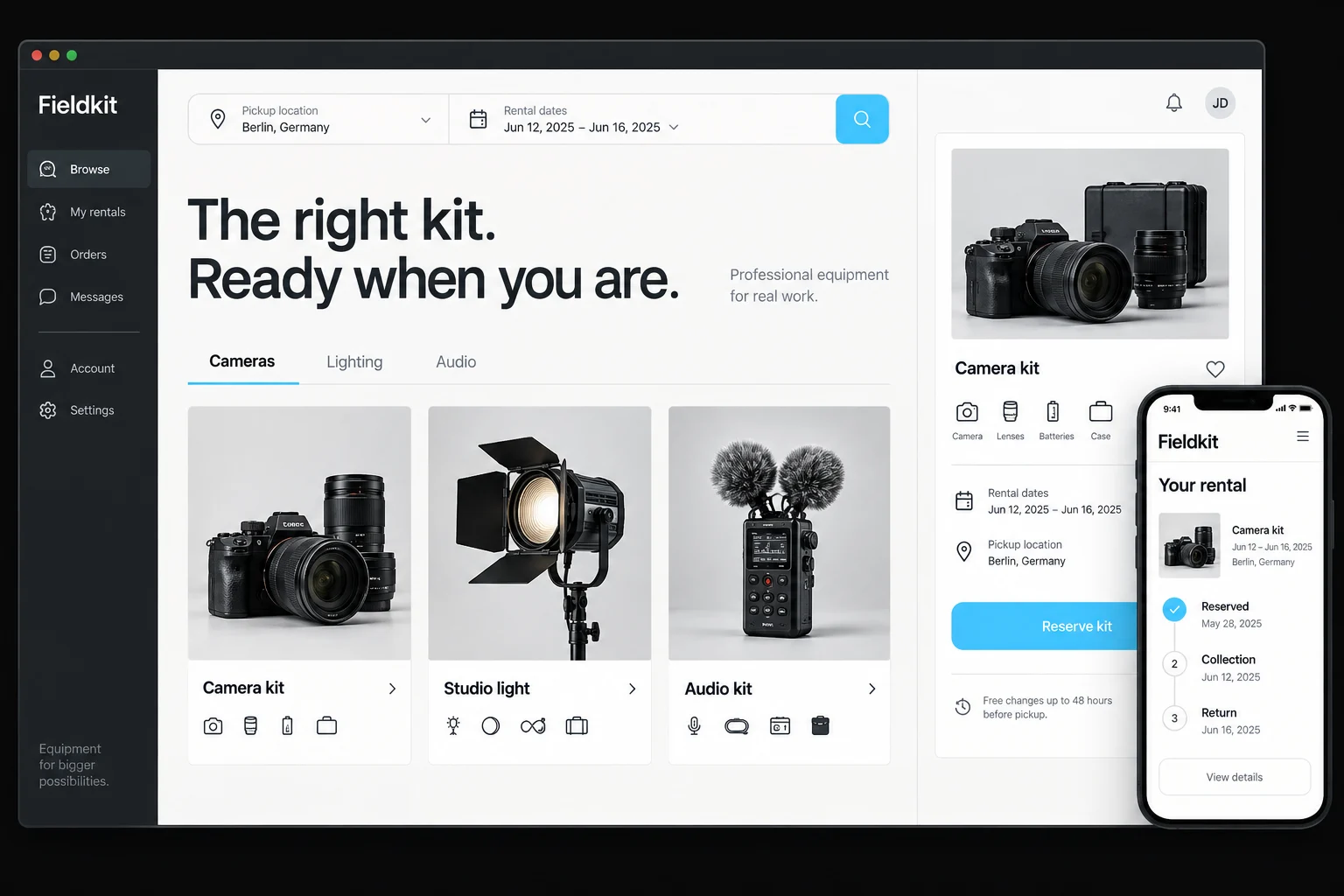 Equipment rental app concept showing a camera, lighting and audio catalogue, rental dates and a mobile collection and return workflow.