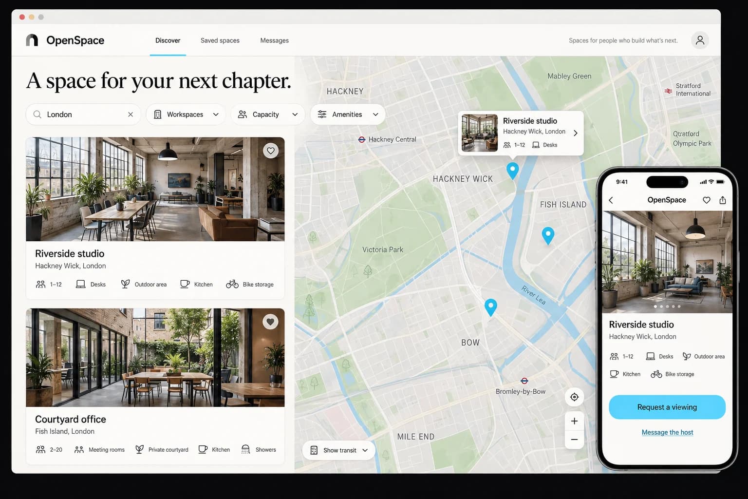 Property and workspace app concept with map-based discovery, photographed space listings and a mobile viewing request.