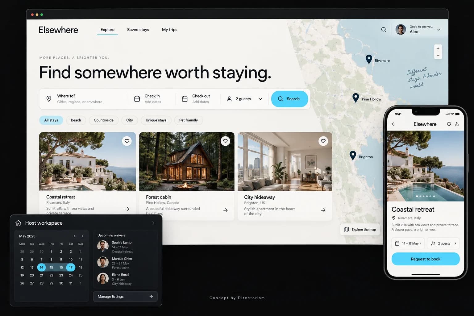 Travel marketplace concept with accommodation discovery, map search, mobile booking and a host calendar.